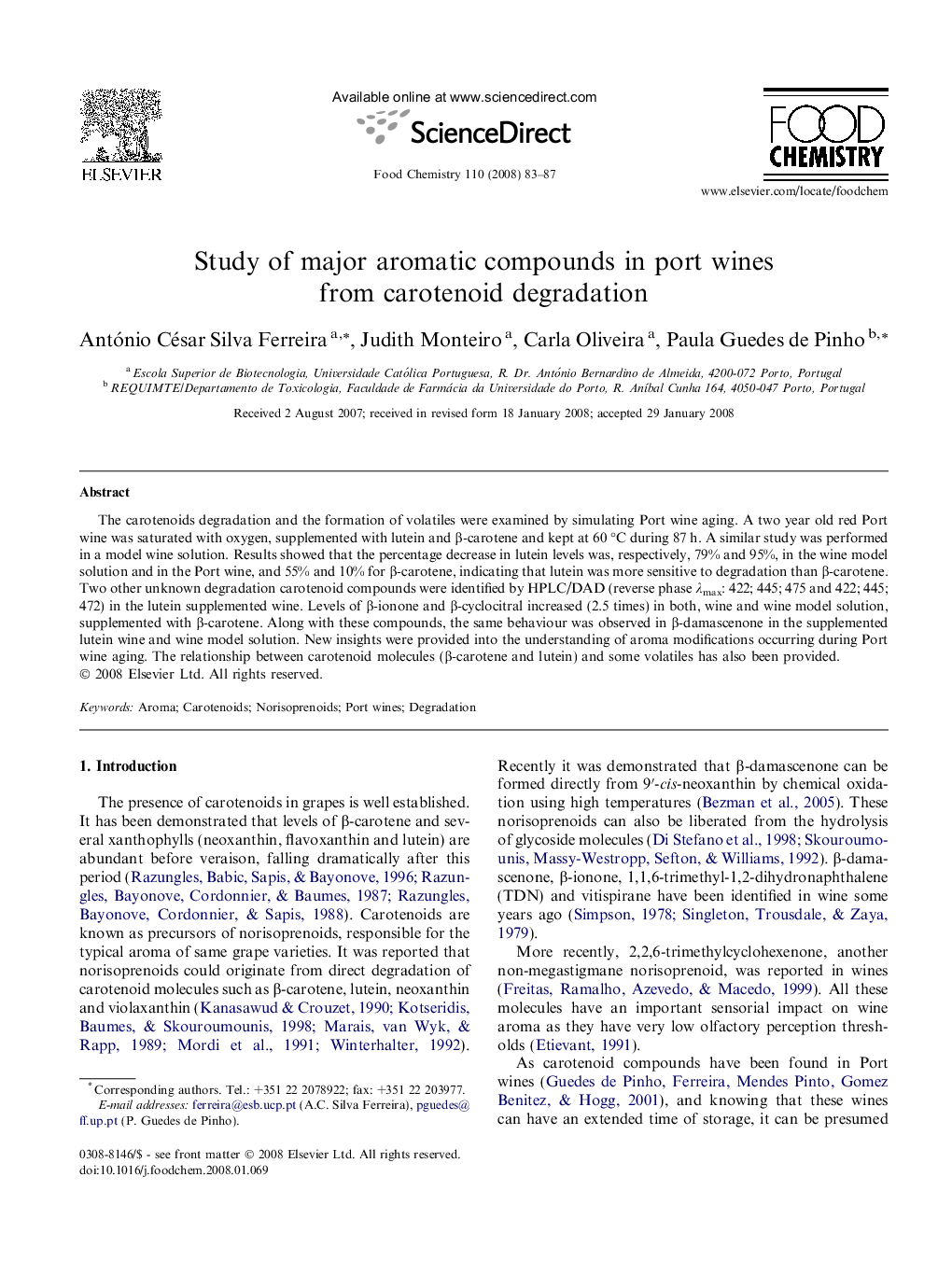 Study of major aromatic compounds in port wines from carotenoid degradation