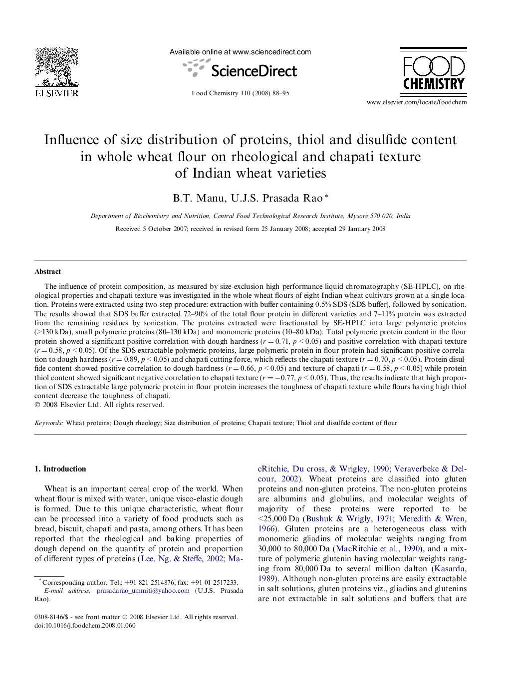 Influence of size distribution of proteins, thiol and disulfide content in whole wheat flour on rheological and chapati texture of Indian wheat varieties