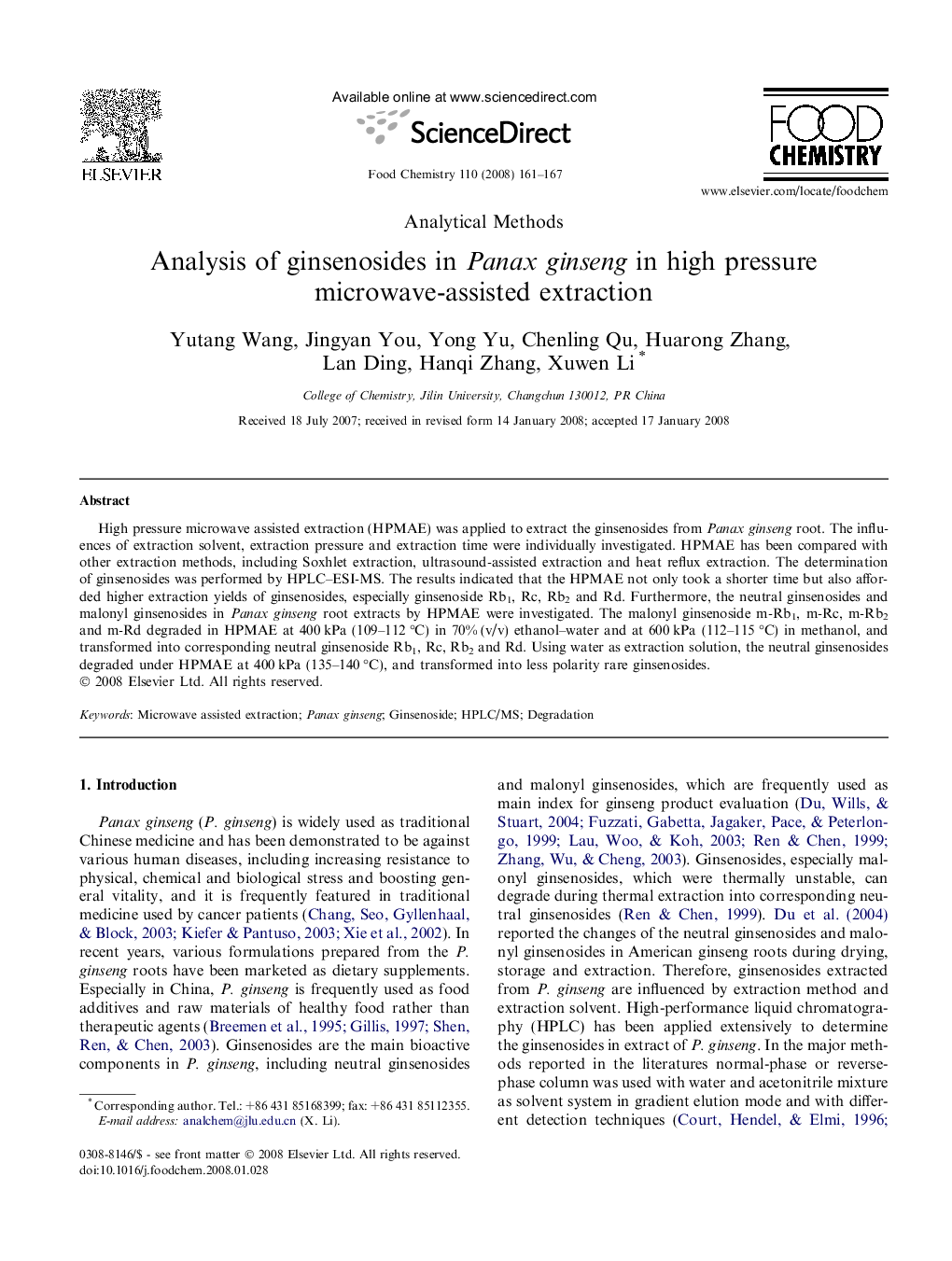 Analysis of ginsenosides in Panax ginseng in high pressure microwave-assisted extraction