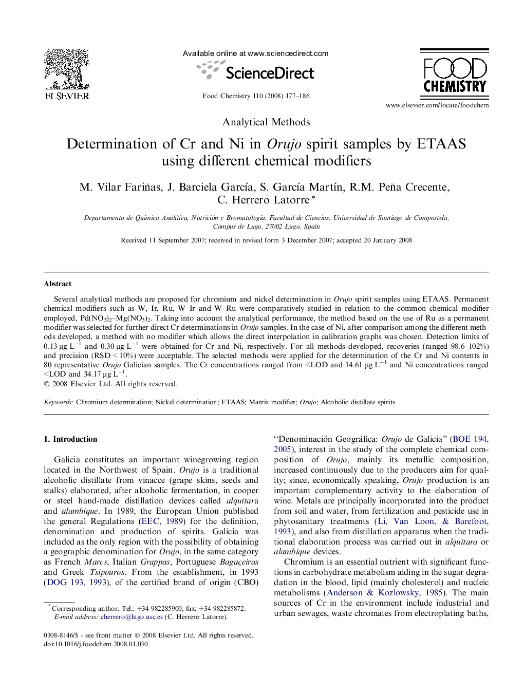 Determination of Cr and Ni in Orujo spirit samples by ETAAS using different chemical modifiers