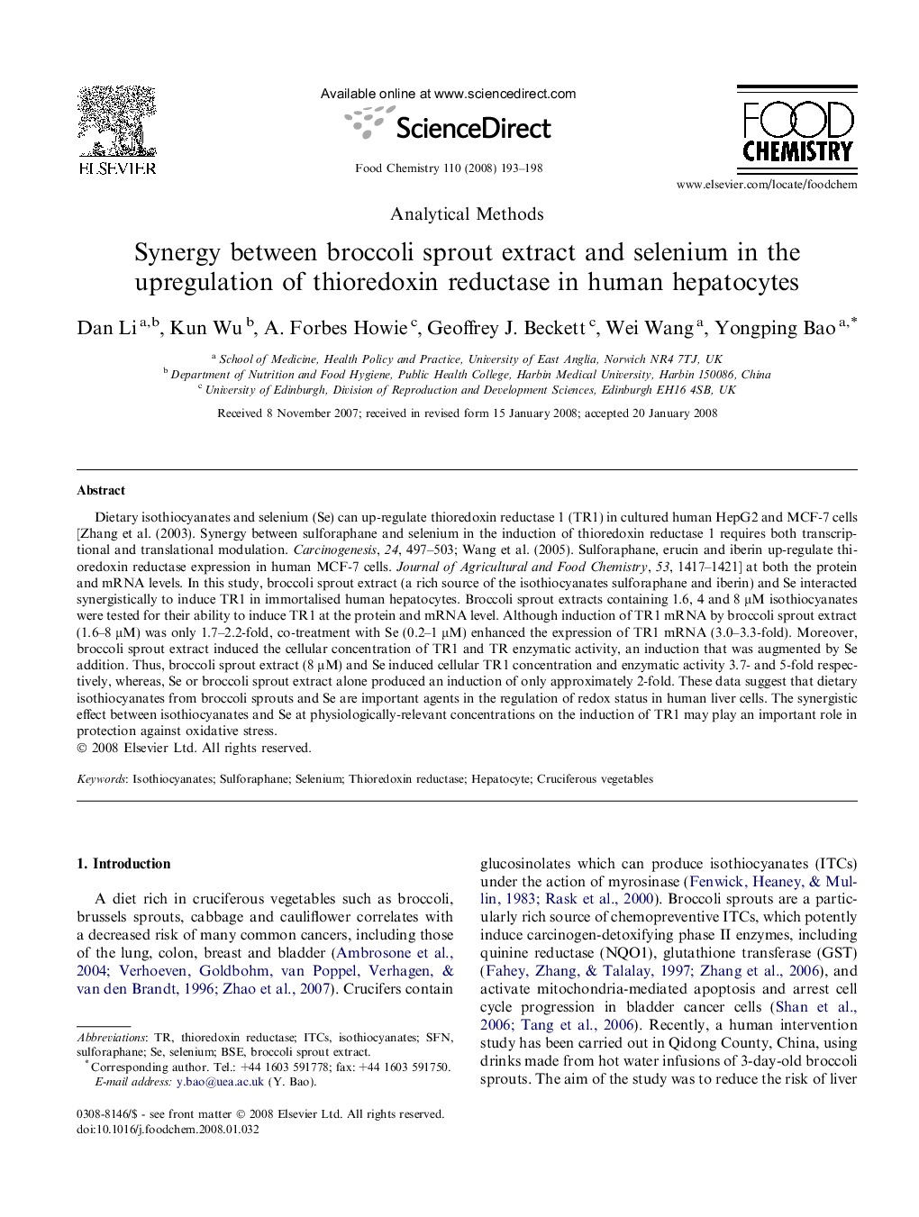 Synergy between broccoli sprout extract and selenium in the upregulation of thioredoxin reductase in human hepatocytes