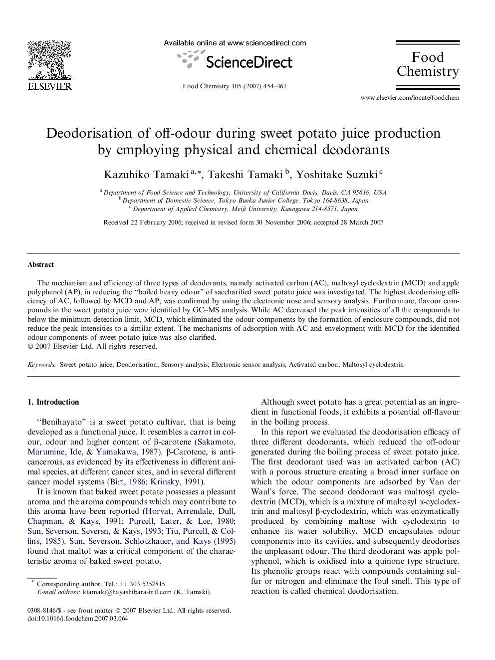 Deodorisation of off-odour during sweet potato juice production by employing physical and chemical deodorants