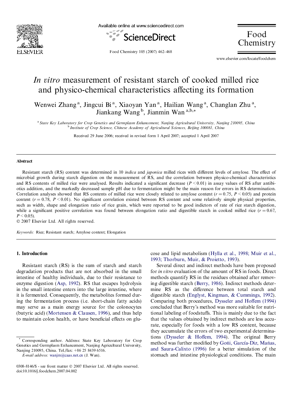 In vitro measurement of resistant starch of cooked milled rice and physico-chemical characteristics affecting its formation