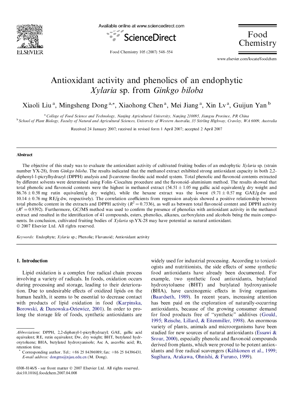 Antioxidant activity and phenolics of an endophytic Xylaria sp. from Ginkgo biloba