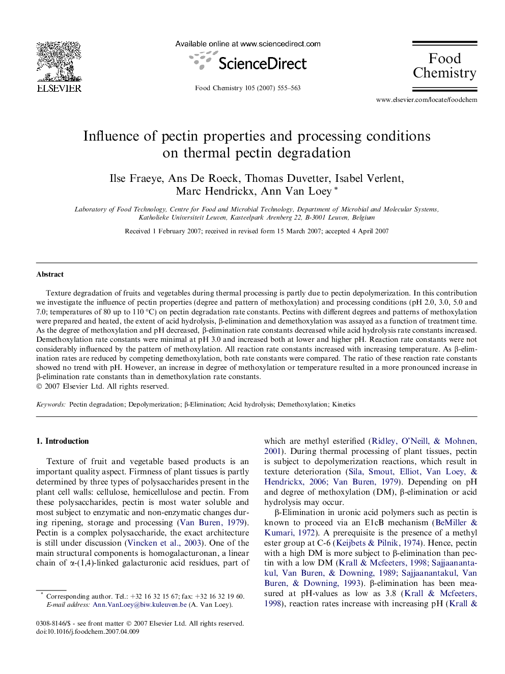 Influence of pectin properties and processing conditions on thermal pectin degradation