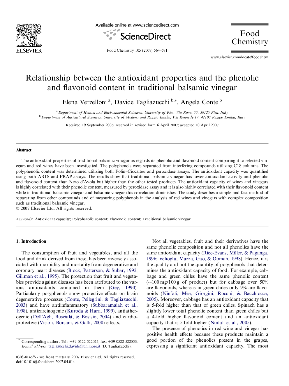 Relationship between the antioxidant properties and the phenolic and flavonoid content in traditional balsamic vinegar