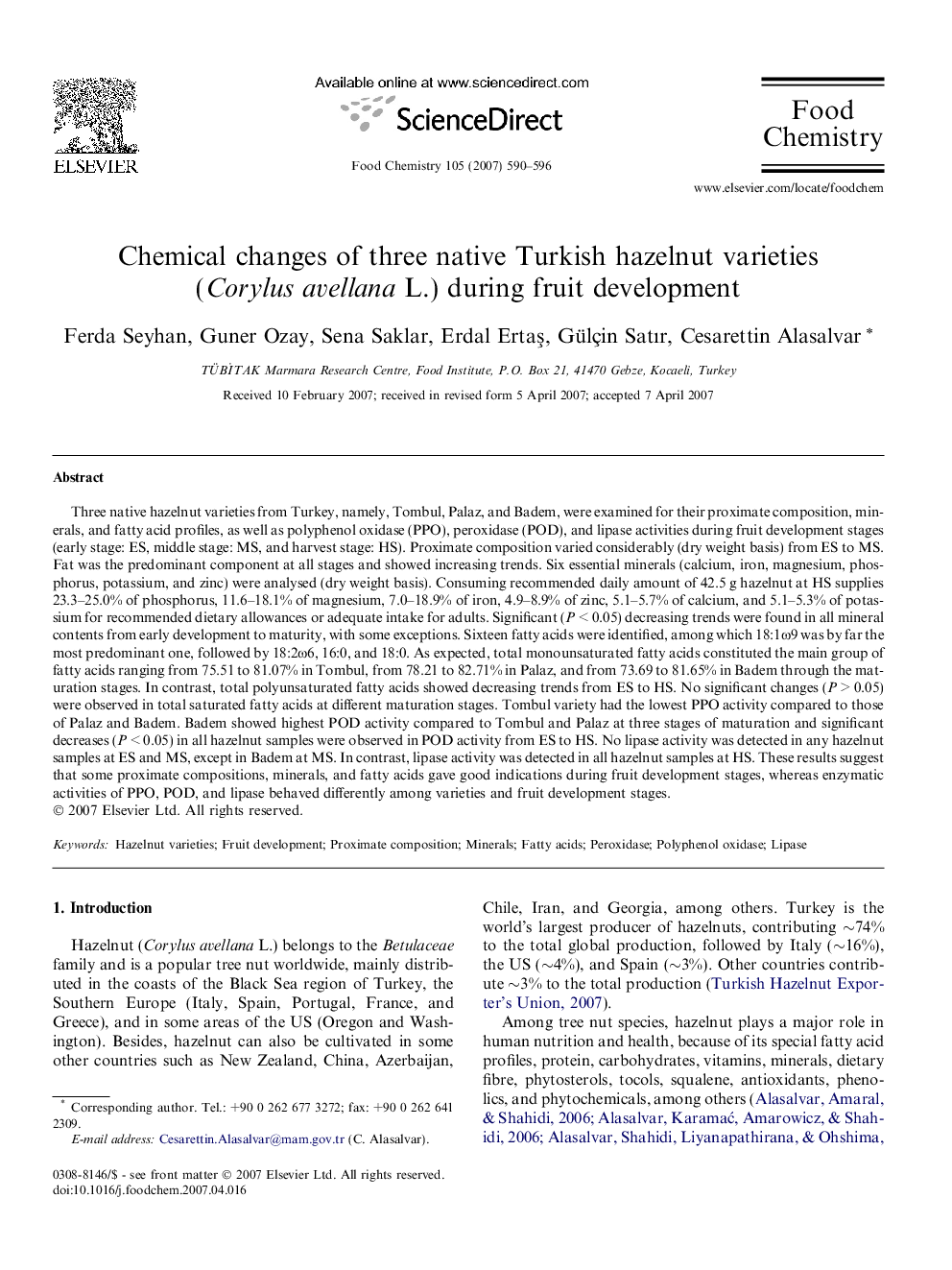 Chemical changes of three native Turkish hazelnut varieties (Corylus avellana L.) during fruit development