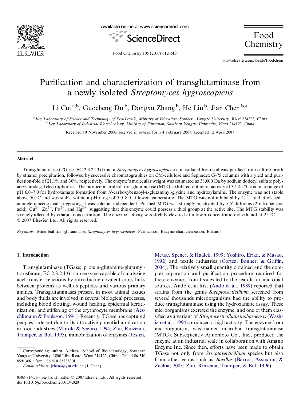 Purification and characterization of transglutaminase from a newly isolated Streptomyces hygroscopicus