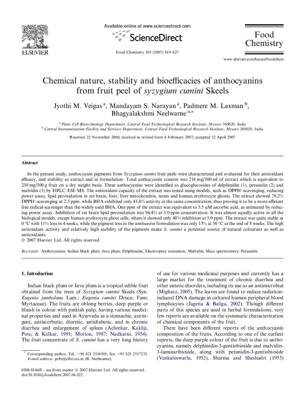 Chemical nature, stability and bioefficacies of anthocyanins from fruit peel of syzygium cumini Skeels