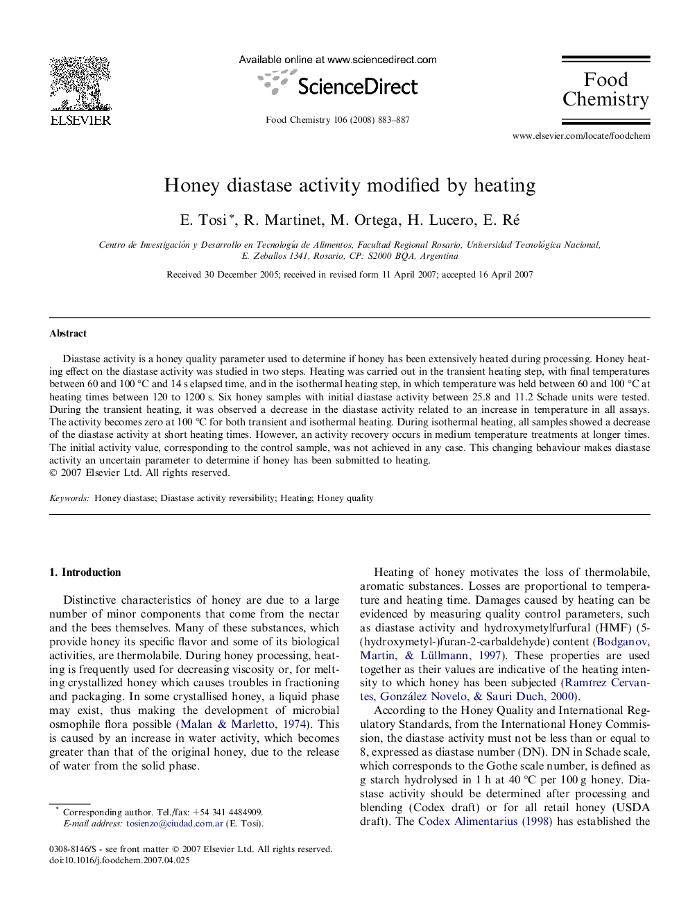 Honey diastase activity modified by heating