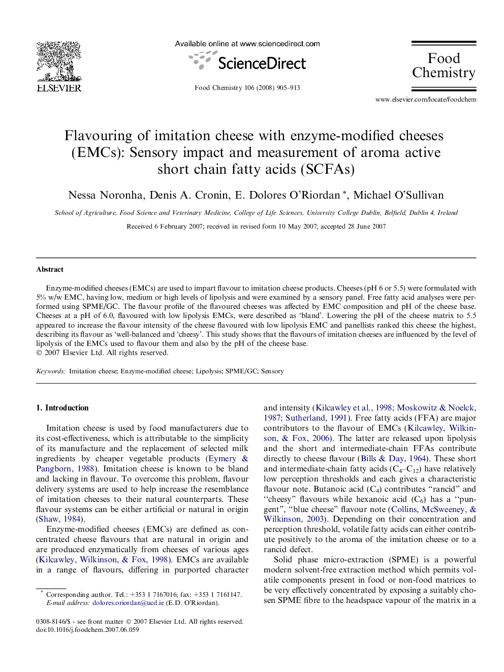 Flavouring of imitation cheese with enzyme-modified cheeses (EMCs): Sensory impact and measurement of aroma active short chain fatty acids (SCFAs)