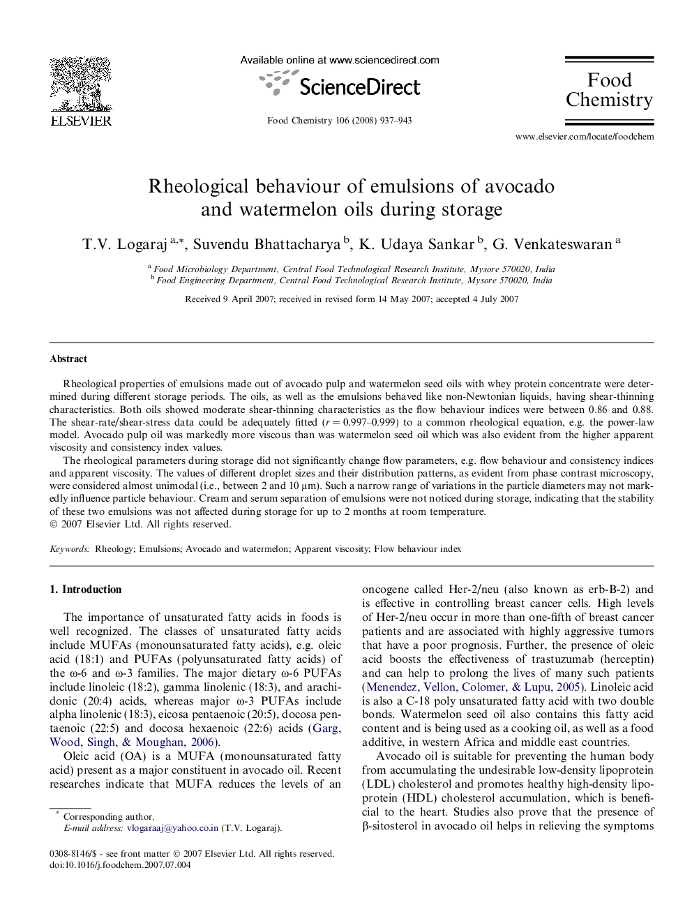 Rheological behaviour of emulsions of avocado and watermelon oils during storage