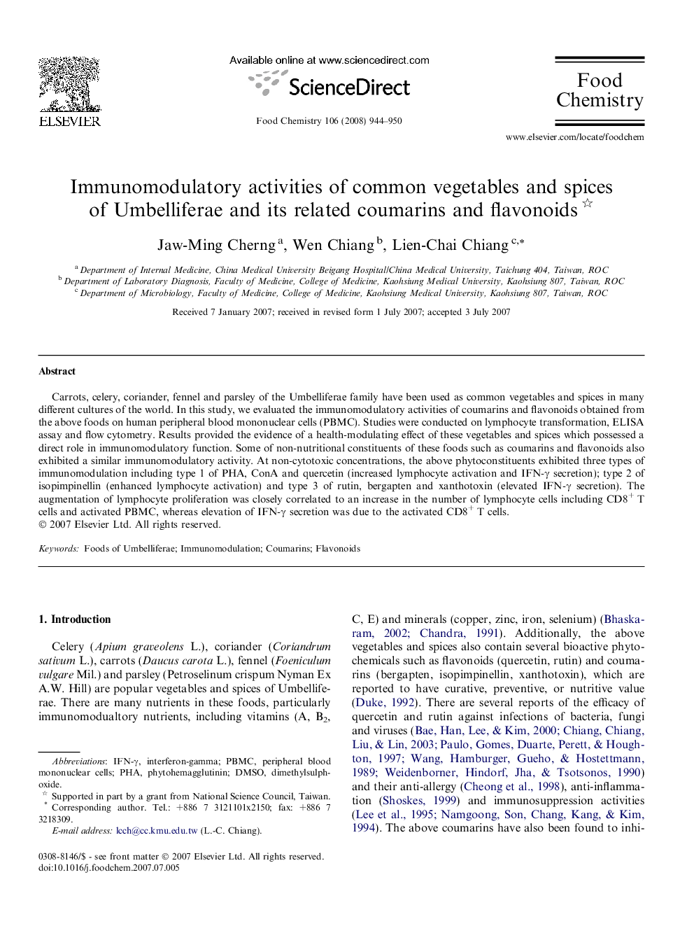 Immunomodulatory activities of common vegetables and spices of Umbelliferae and its related coumarins and flavonoids 