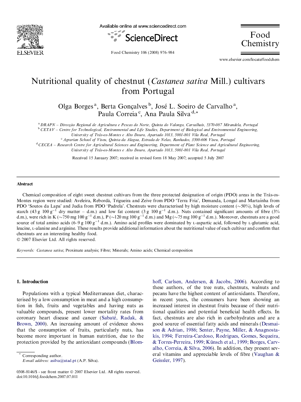 Nutritional quality of chestnut (Castanea sativa Mill.) cultivars from Portugal