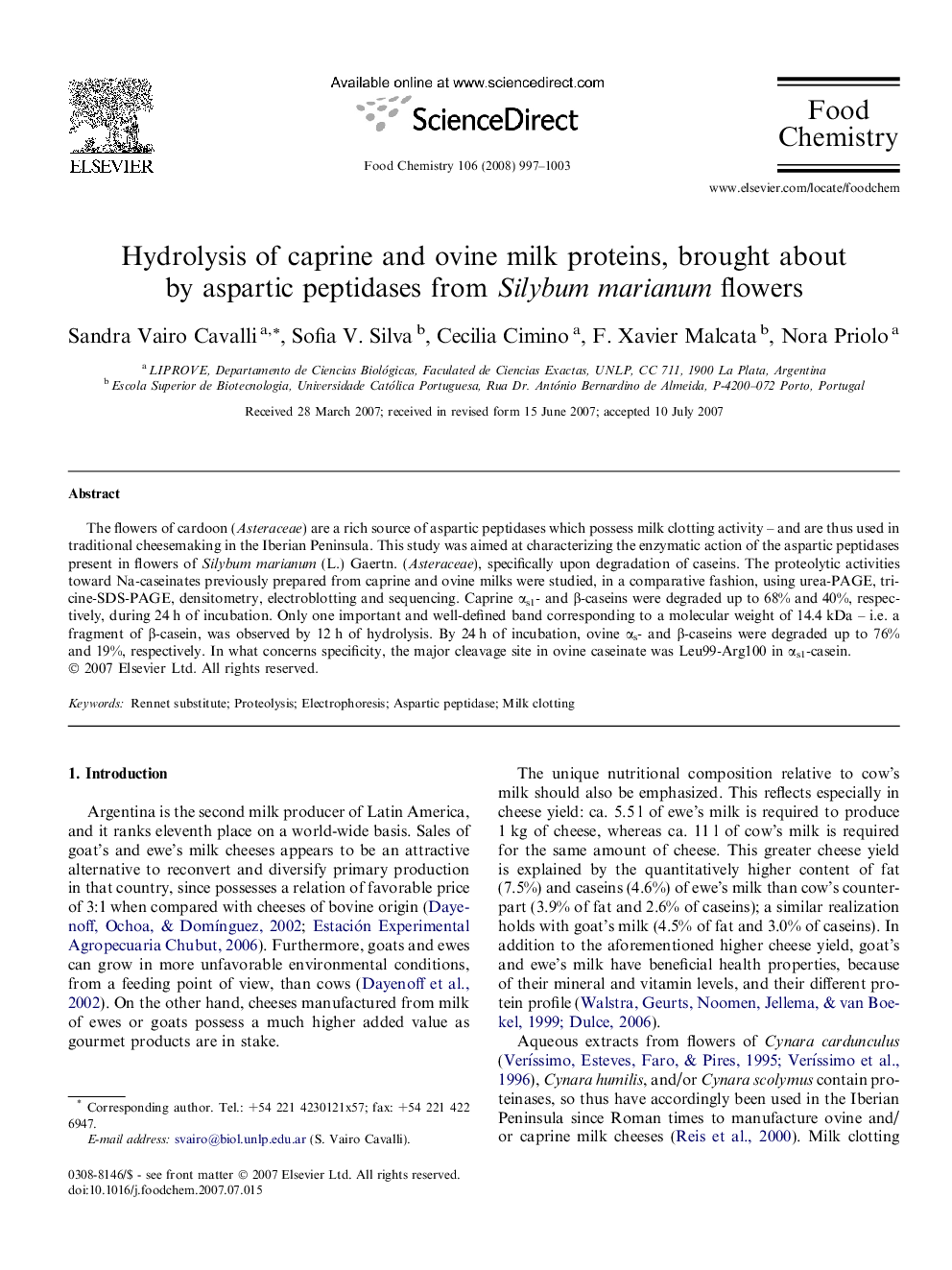 Hydrolysis of caprine and ovine milk proteins, brought about by aspartic peptidases from Silybum marianum flowers