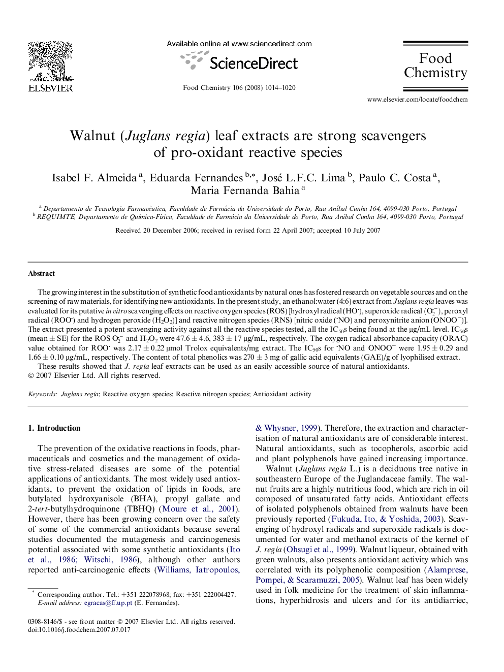 Walnut (Juglans regia) leaf extracts are strong scavengers of pro-oxidant reactive species