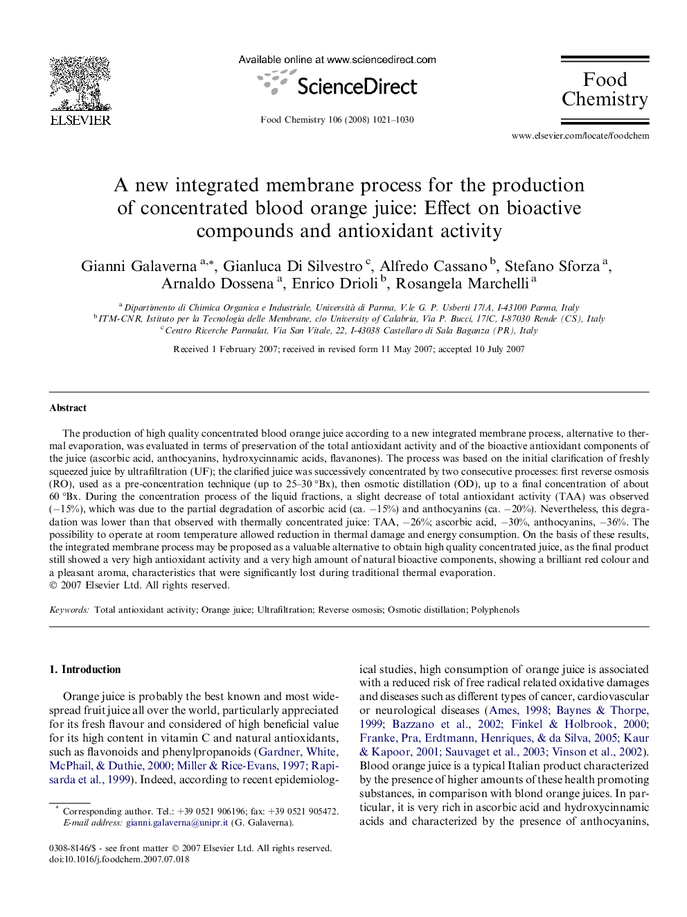 A new integrated membrane process for the production of concentrated blood orange juice: Effect on bioactive compounds and antioxidant activity