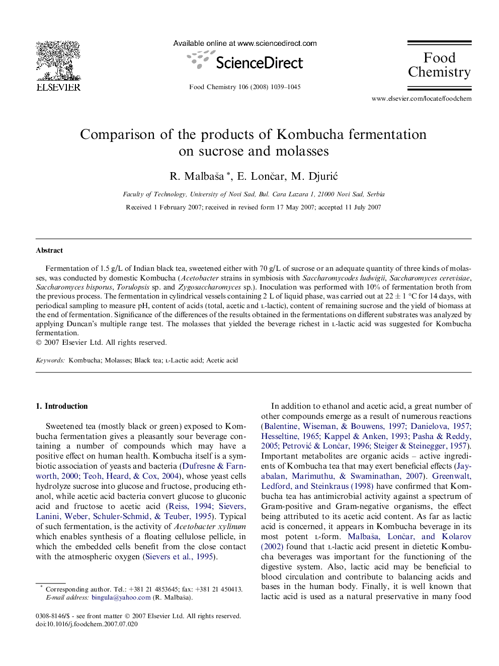 Comparison of the products of Kombucha fermentation on sucrose and molasses