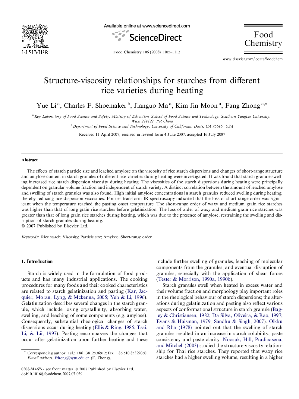 عکس صفحه اول مقاله: Structure-viscosity relationships for starches from different rice varieties during heating Structure-viscosity relationships for starches from different rice varieties during heating
