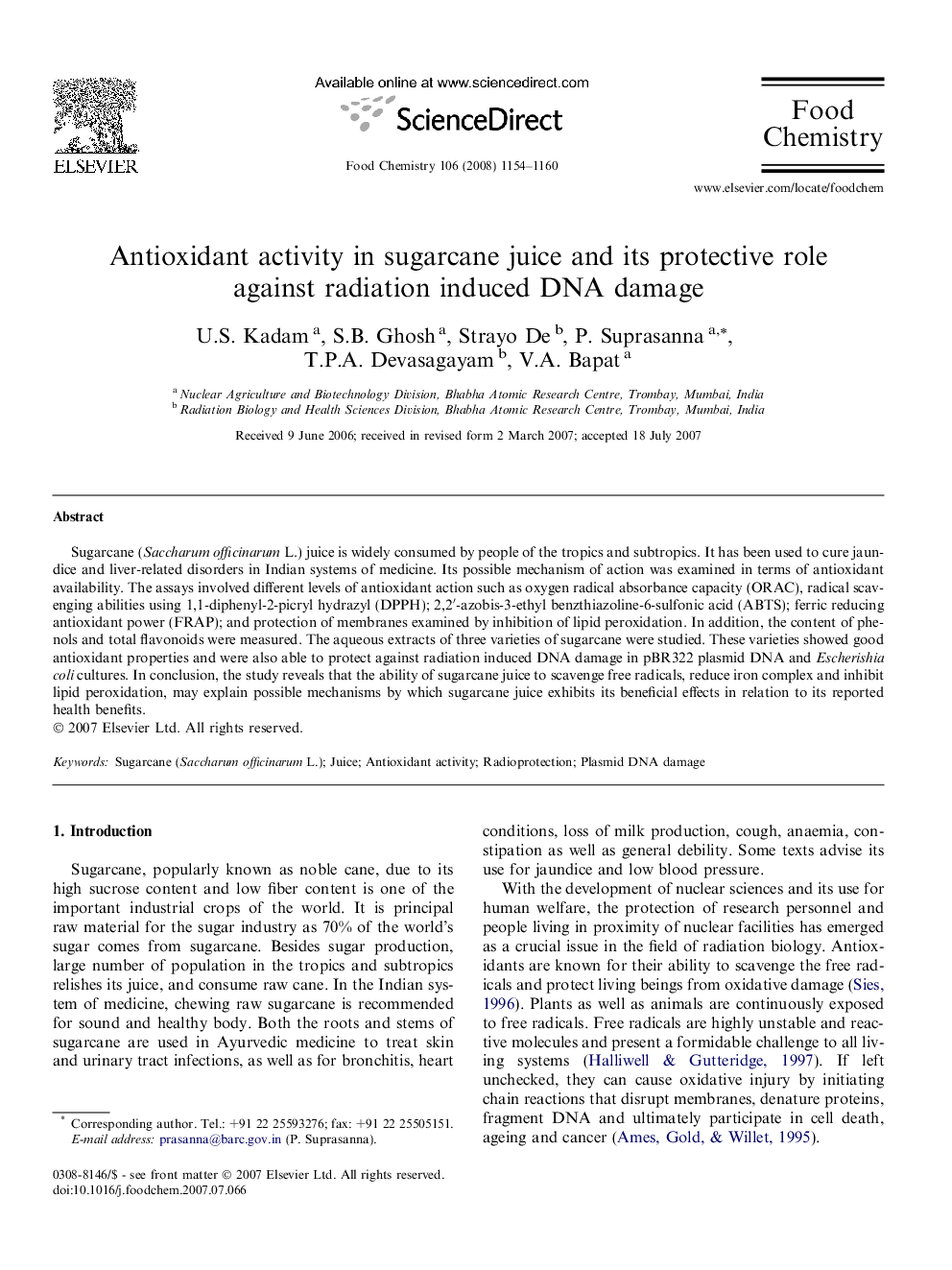 Antioxidant activity in sugarcane juice and its protective role against radiation induced DNA damage