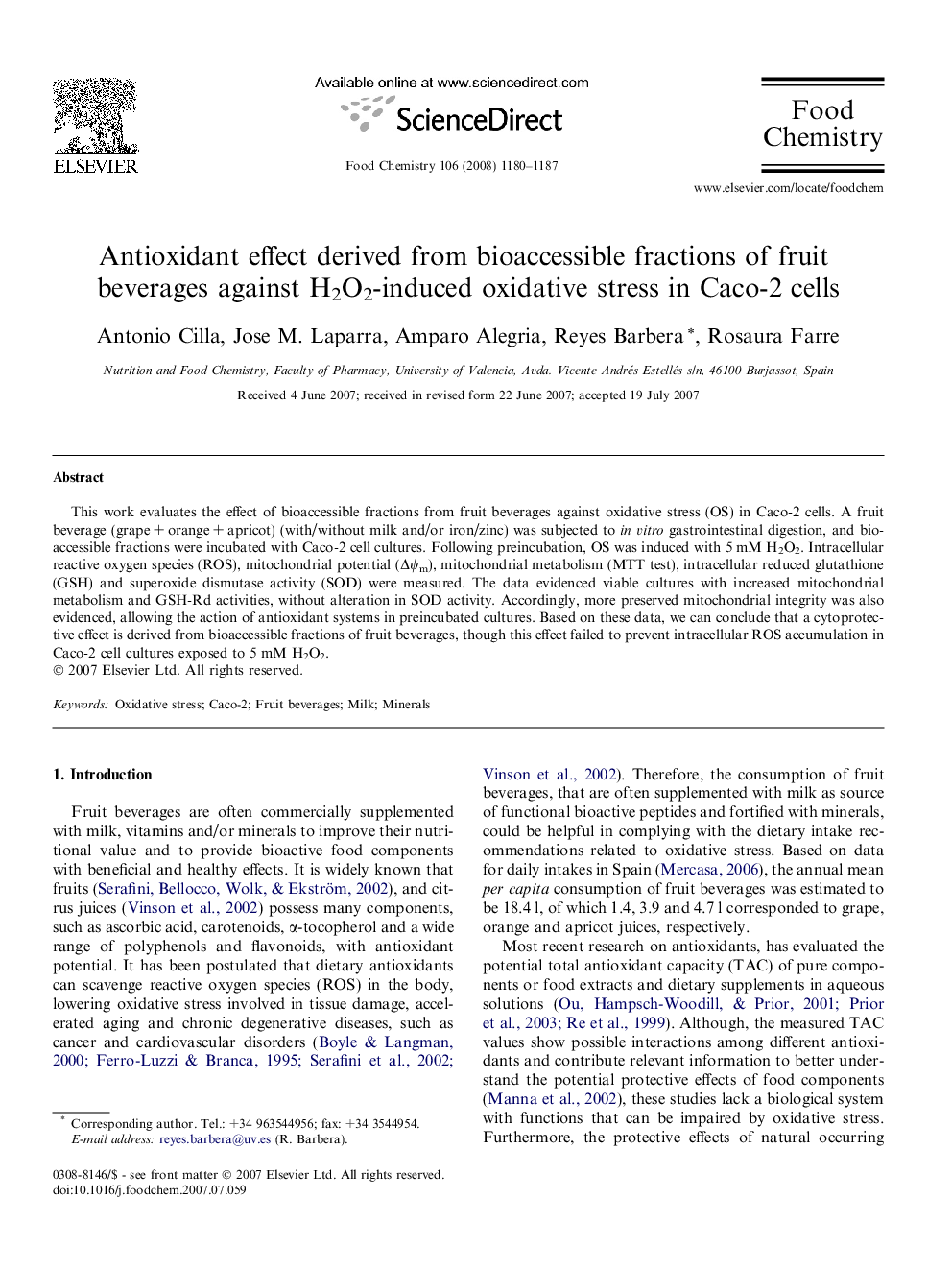 Antioxidant effect derived from bioaccessible fractions of fruit beverages against H2O2-induced oxidative stress in Caco-2 cells