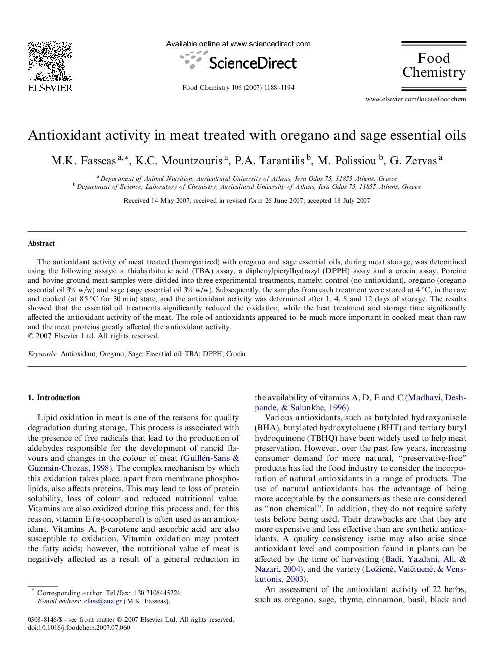 Antioxidant activity in meat treated with oregano and sage essential oils