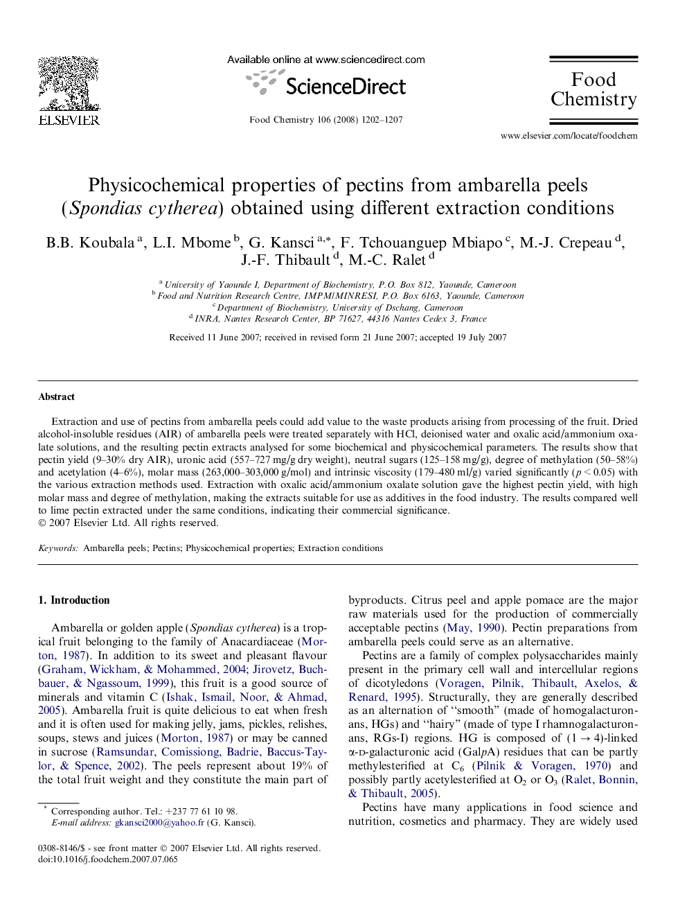 Physicochemical properties of pectins from ambarella peels (Spondias cytherea) obtained using different extraction conditions