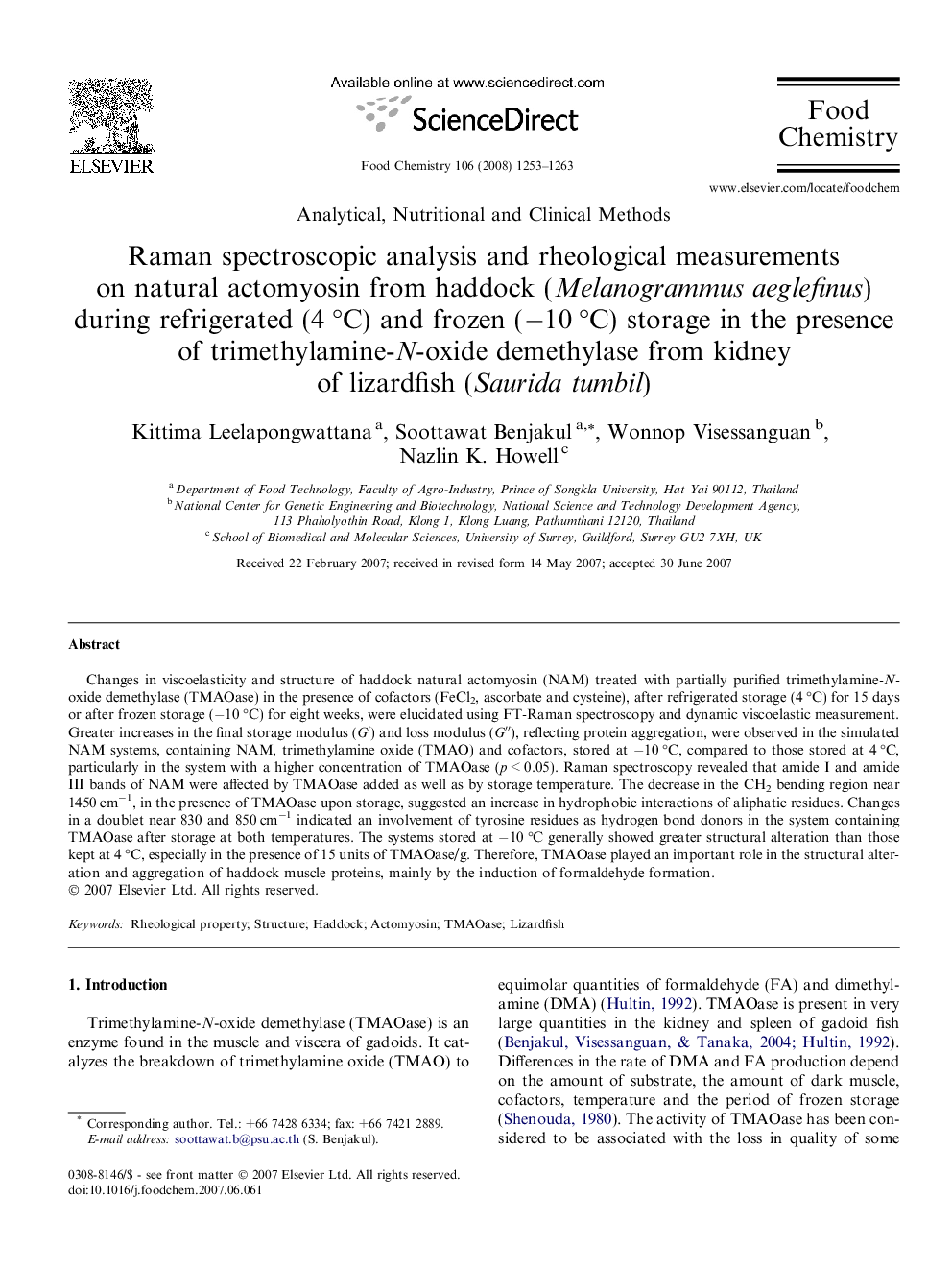 عکس صفحه اول مقاله: Raman spectroscopic analysis and rheological measurements on natural actomyosin from haddock (Melanogrammus aeglefinus) during refrigerated (4 °C) and frozen (−10 °C) storage in the presence of trimethylamine-N-oxide demethylase from kidney of lizardfish Raman spectroscopic analysis and rheological measurements on natural actomyosin from haddock (Melanogrammus aeglefinus) during refrigerated (4 °C) and frozen (−10 °C) storage in the presence of trimethylamine-N-oxide demethylase from kidney of lizardfish
