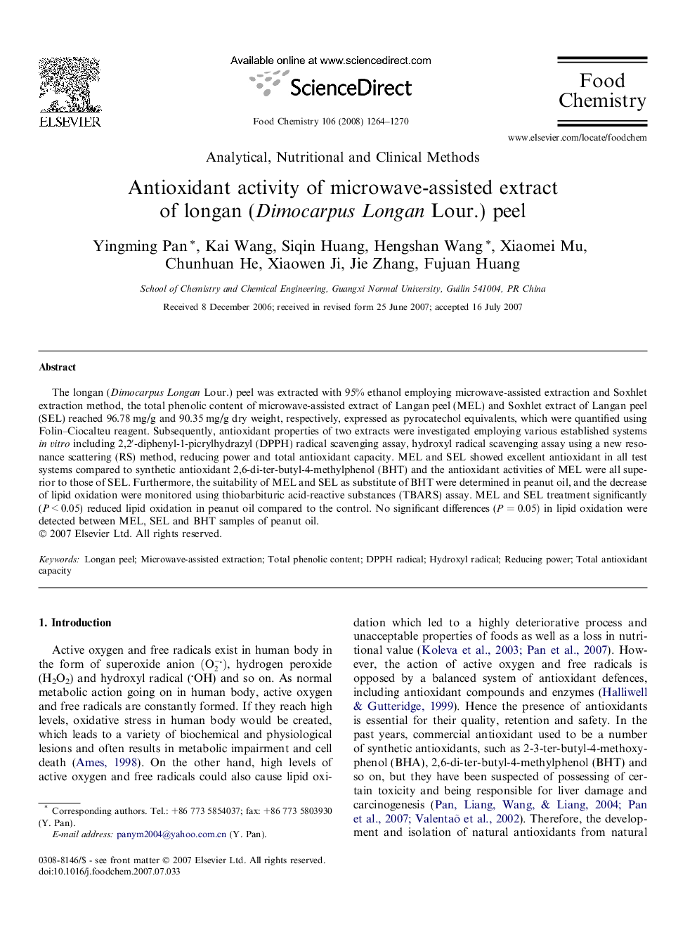 Antioxidant activity of microwave-assisted extract of longan (Dimocarpus Longan Lour.) peel