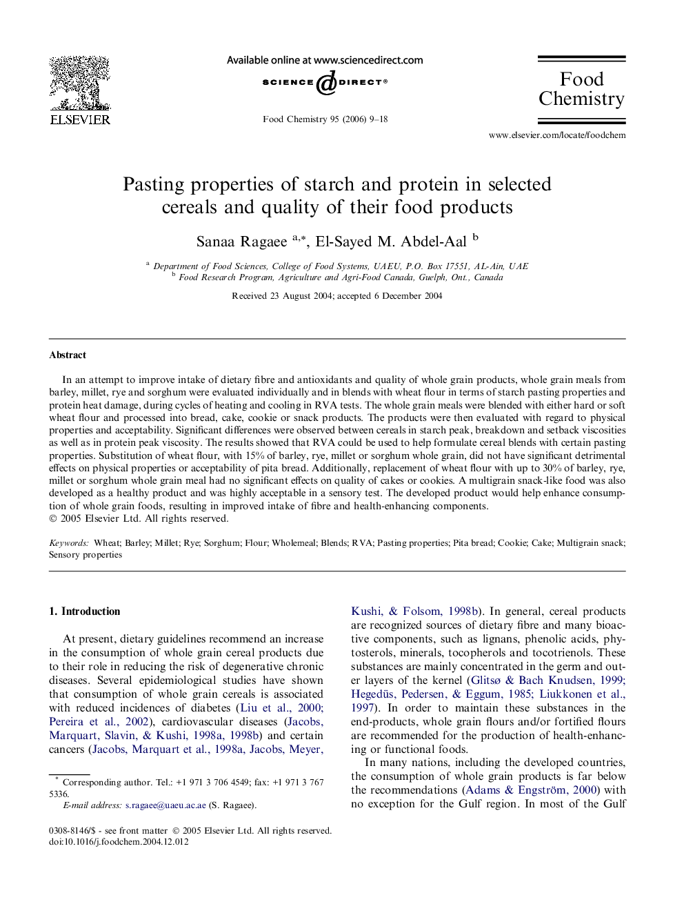 Pasting properties of starch and protein in selected cereals and quality of their food products