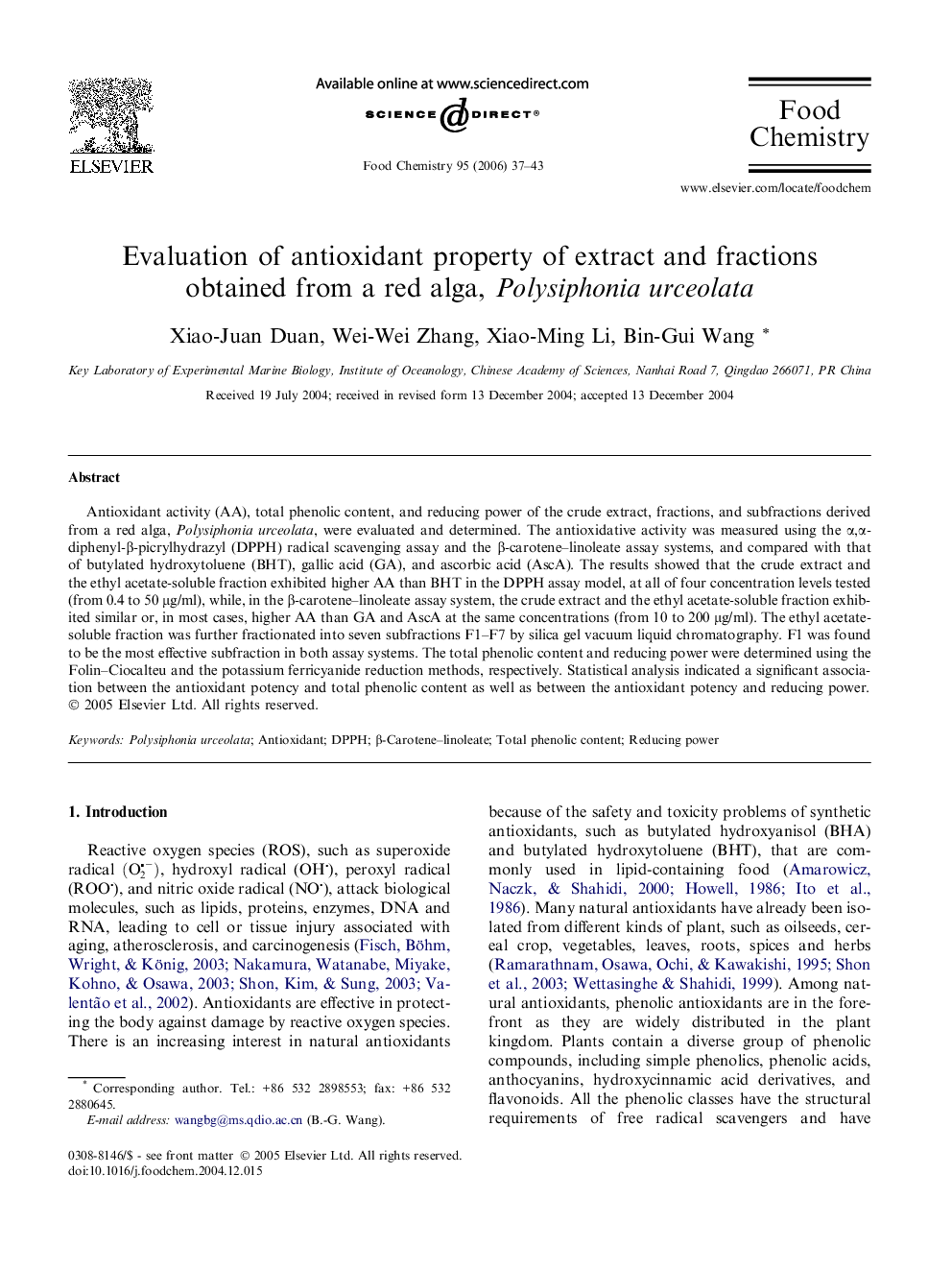 عکس صفحه اول مقاله: Evaluation of antioxidant property of extract and fractions obtained from a red alga, Polysiphonia urceolata Evaluation of antioxidant property of extract and fractions obtained from a red alga, Polysiphonia urceolata
