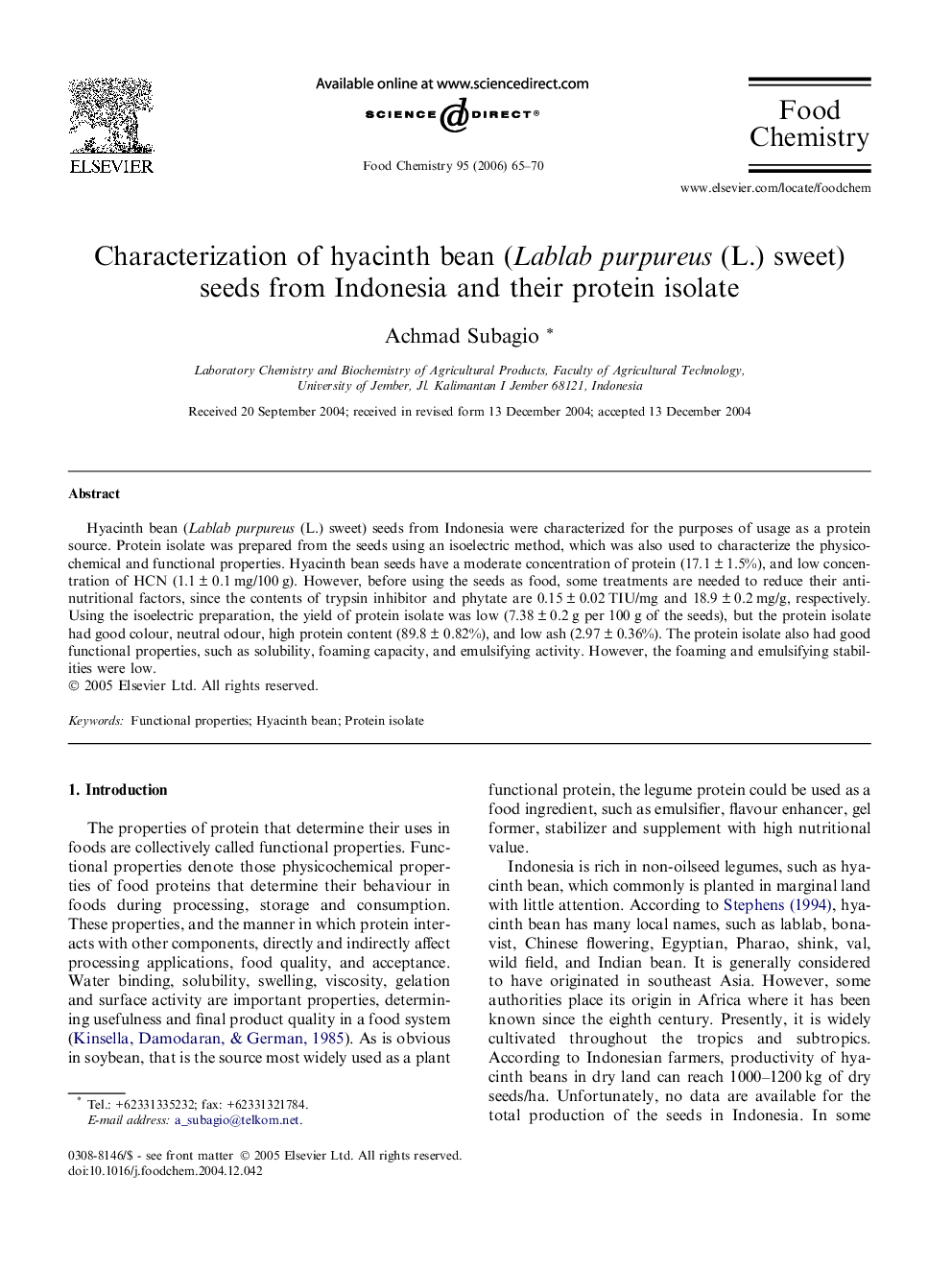 Characterization of hyacinth bean (Lablab purpureus (L.) sweet) seeds from Indonesia and their protein isolate