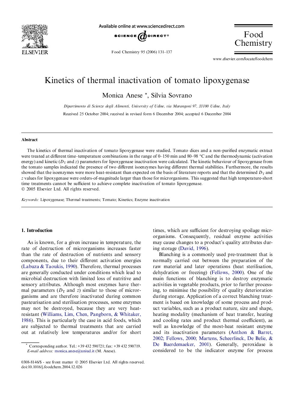 Kinetics of thermal inactivation of tomato lipoxygenase