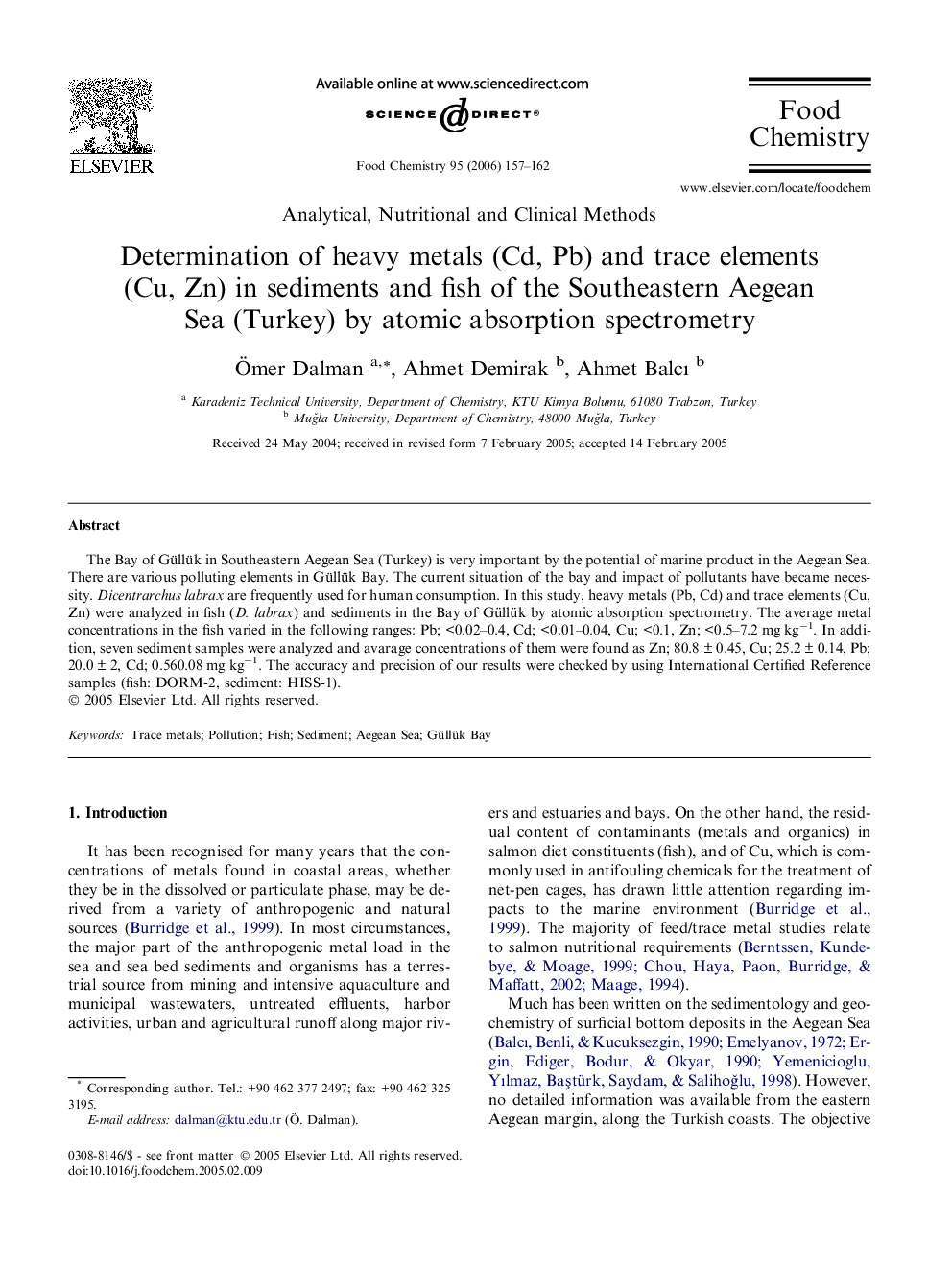 Determination of heavy metals (Cd, Pb) and trace elements (Cu, Zn) in sediments and fish of the Southeastern Aegean Sea (Turkey) by atomic absorption spectrometry