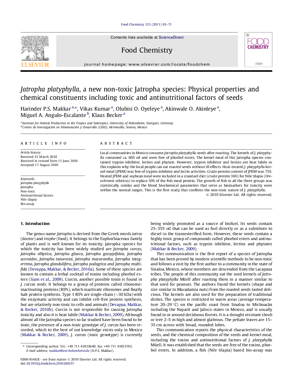 Jatropha platyphylla, a new non-toxic Jatropha species: Physical properties and chemical constituents including toxic and antinutritional factors of seeds