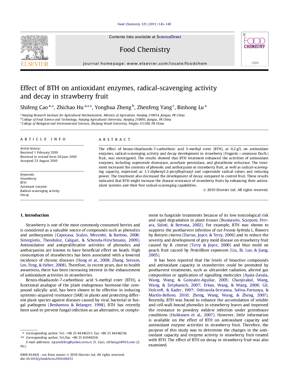 Effect of BTH on antioxidant enzymes, radical-scavenging activity and decay in strawberry fruit