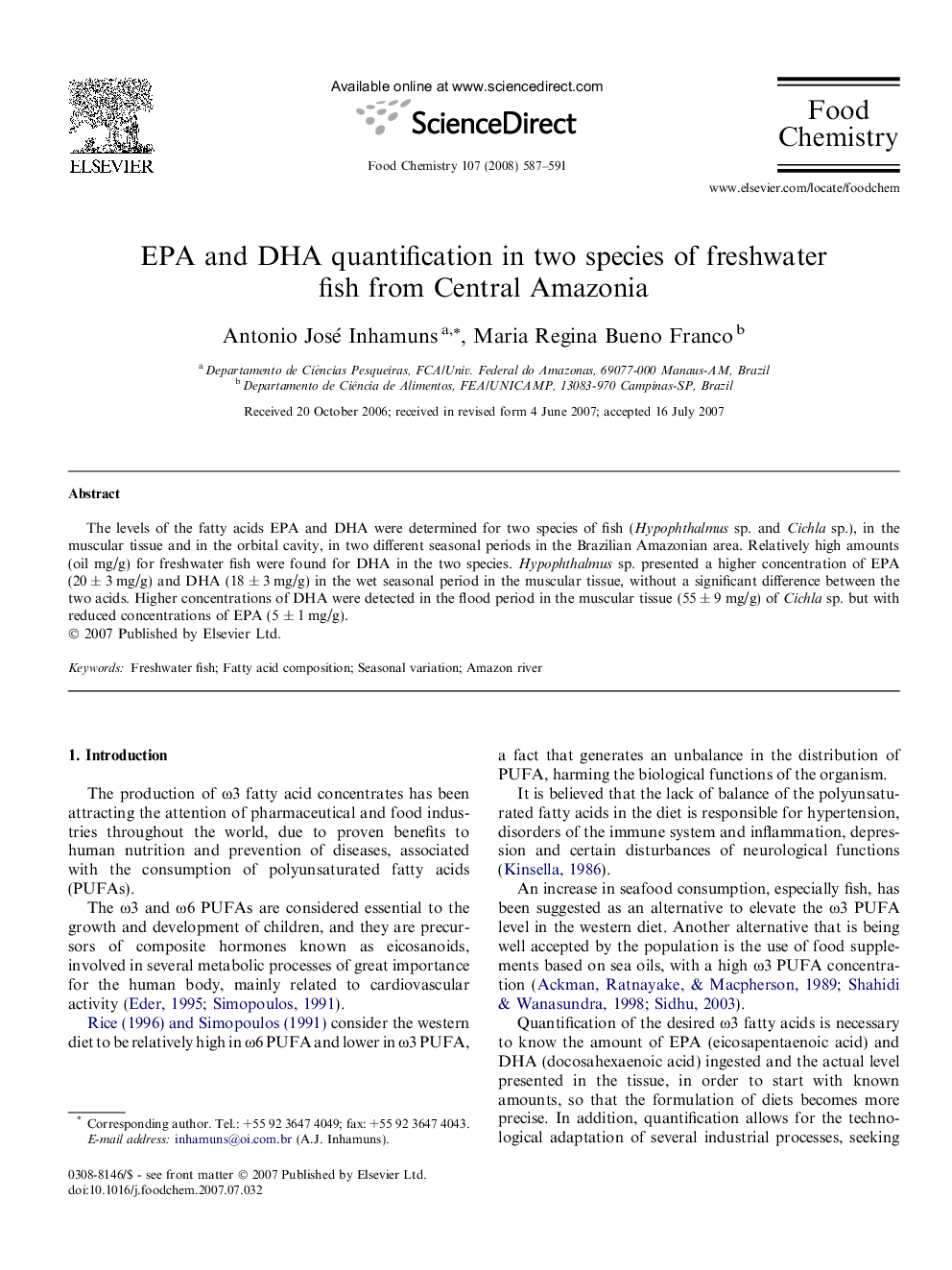 EPA and DHA quantification in two species of freshwater fish from Central Amazonia