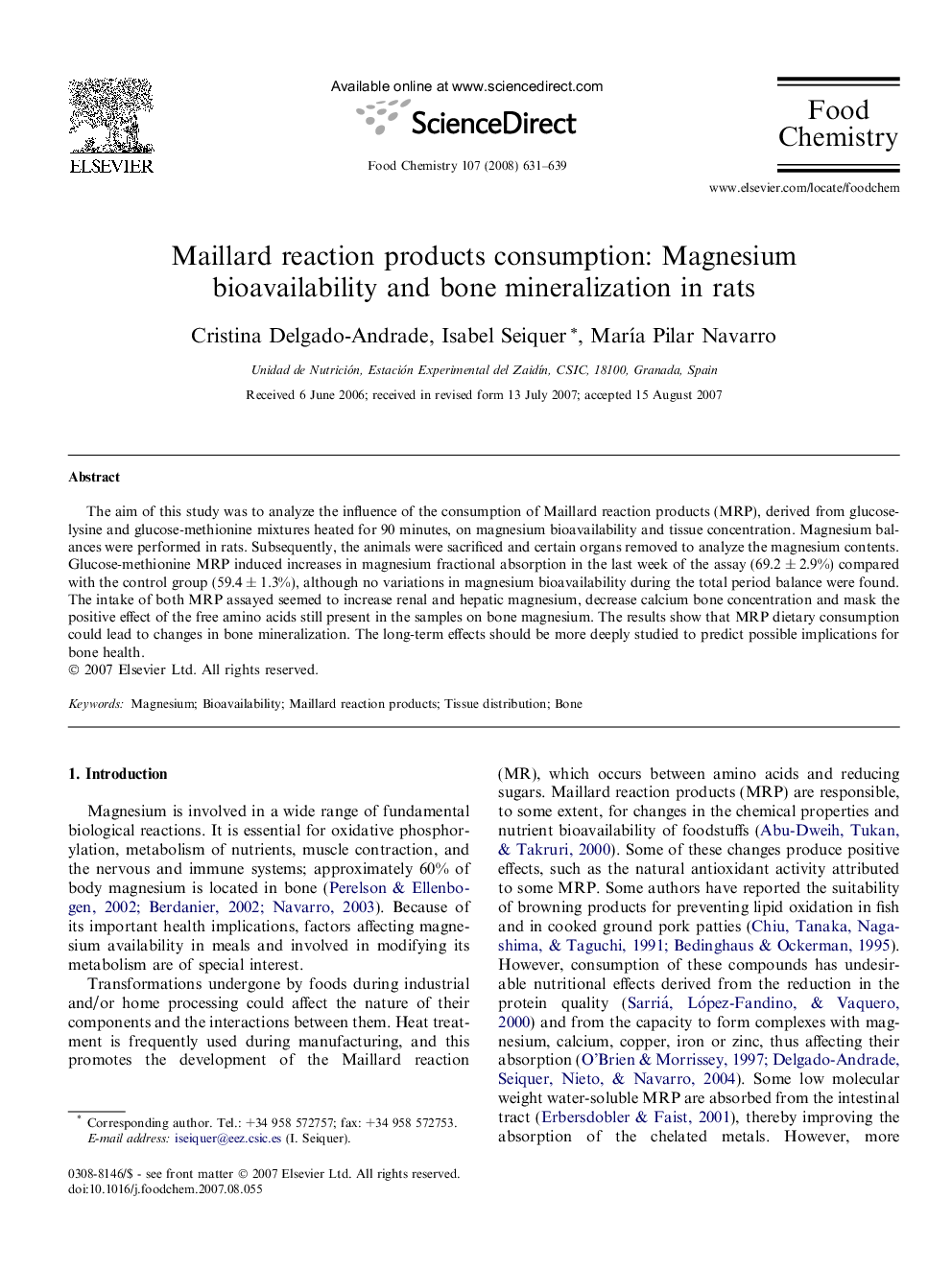 عکس صفحه اول مقاله: Maillard reaction products consumption: Magnesium bioavailability and bone mineralization in rats Maillard reaction products consumption: Magnesium bioavailability and bone mineralization in rats