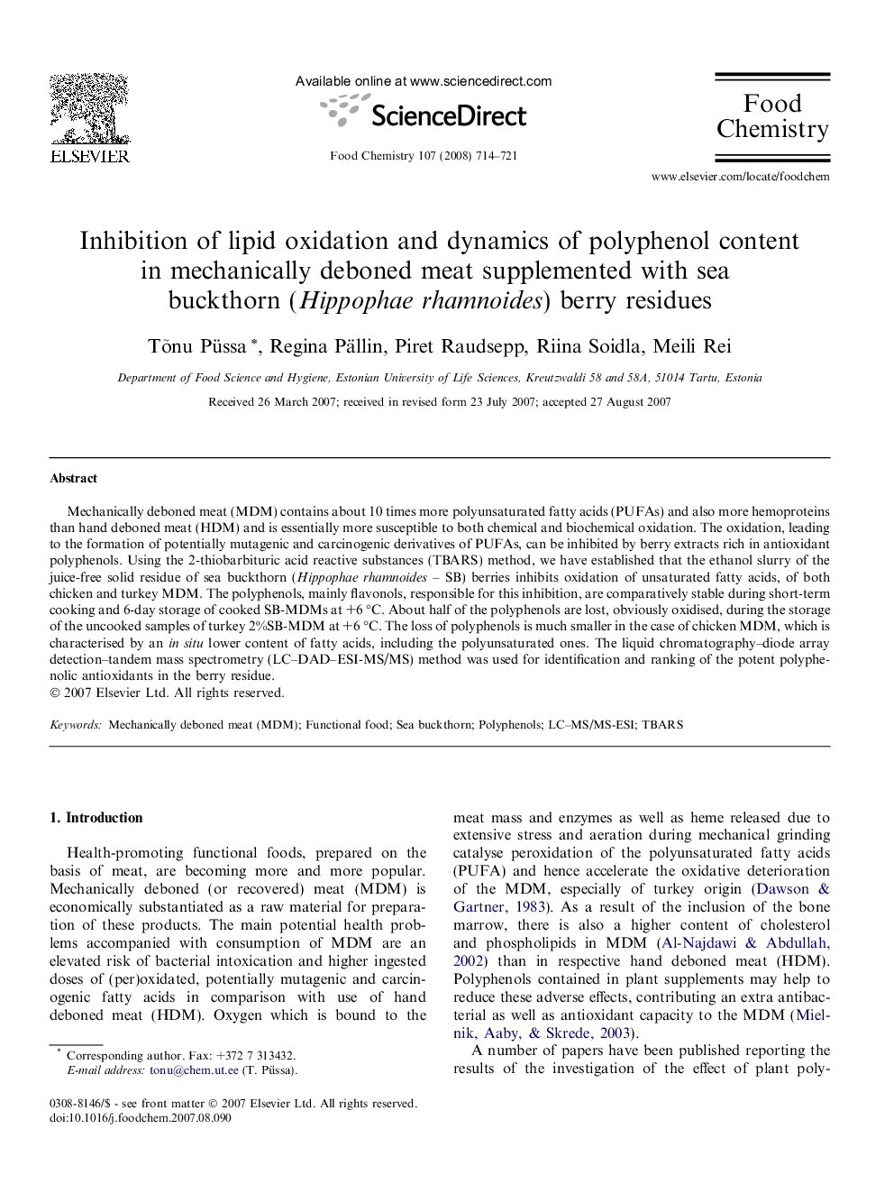 Inhibition of lipid oxidation and dynamics of polyphenol content in mechanically deboned meat supplemented with sea buckthorn (Hippophae rhamnoides) berry residues