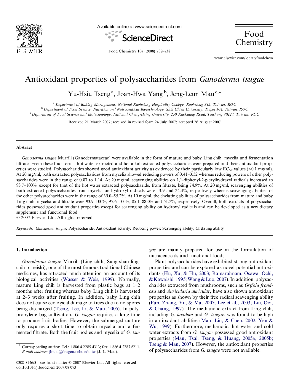 Antioxidant properties of polysaccharides from Ganoderma tsugae
