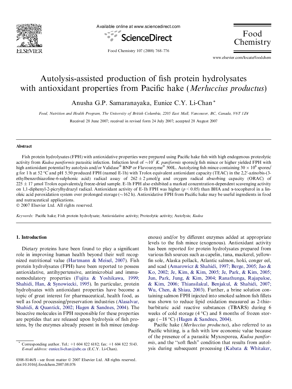 Autolysis-assisted production of fish protein hydrolysates with antioxidant properties from Pacific hake (Merluccius productus)