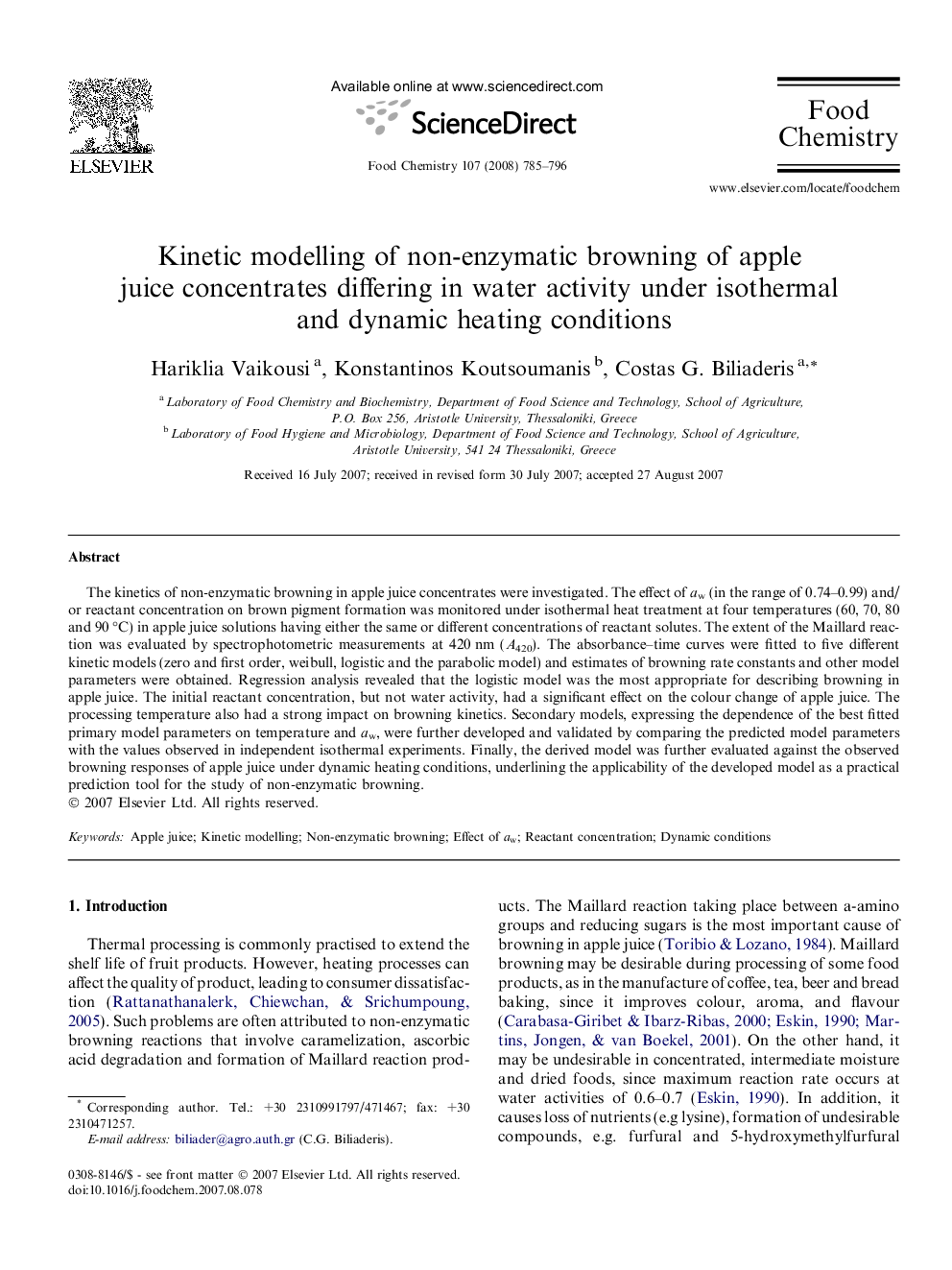 Kinetic modelling of non-enzymatic browning of apple juice concentrates differing in water activity under isothermal and dynamic heating conditions