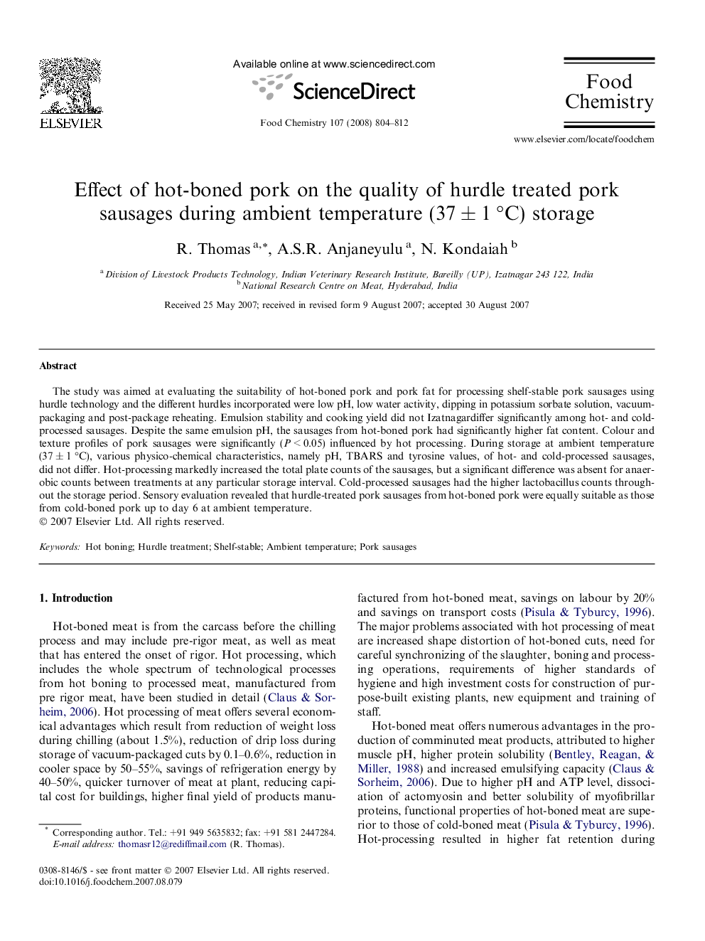 Effect of hot-boned pork on the quality of hurdle treated pork sausages during ambient temperature (37 ± 1 °C) storage