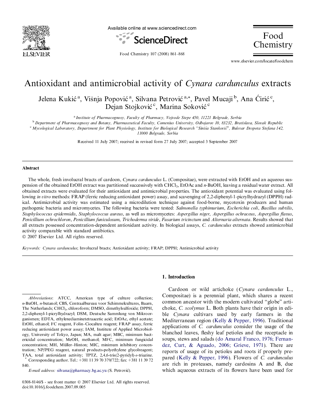 عکس صفحه اول مقاله: Antioxidant and antimicrobial activity of Cynara cardunculus extracts Antioxidant and antimicrobial activity of Cynara cardunculus extracts