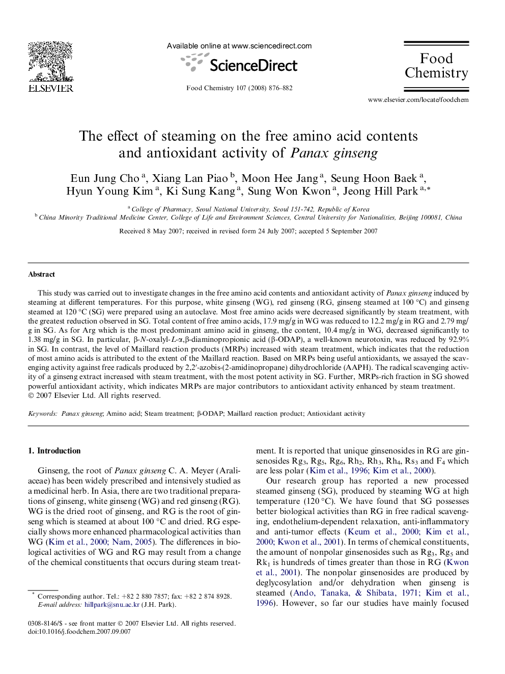 عکس صفحه اول مقاله: The effect of steaming on the free amino acid contents and antioxidant activity of Panax ginseng The effect of steaming on the free amino acid contents and antioxidant activity of Panax ginseng