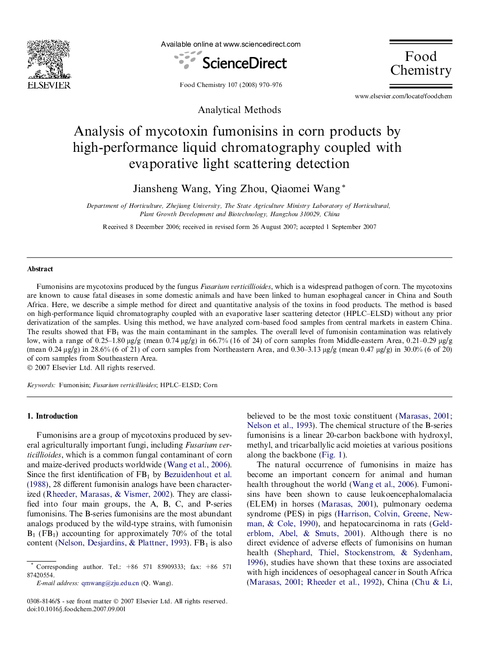 Analysis of mycotoxin fumonisins in corn products by high-performance liquid chromatography coupled with evaporative light scattering detection