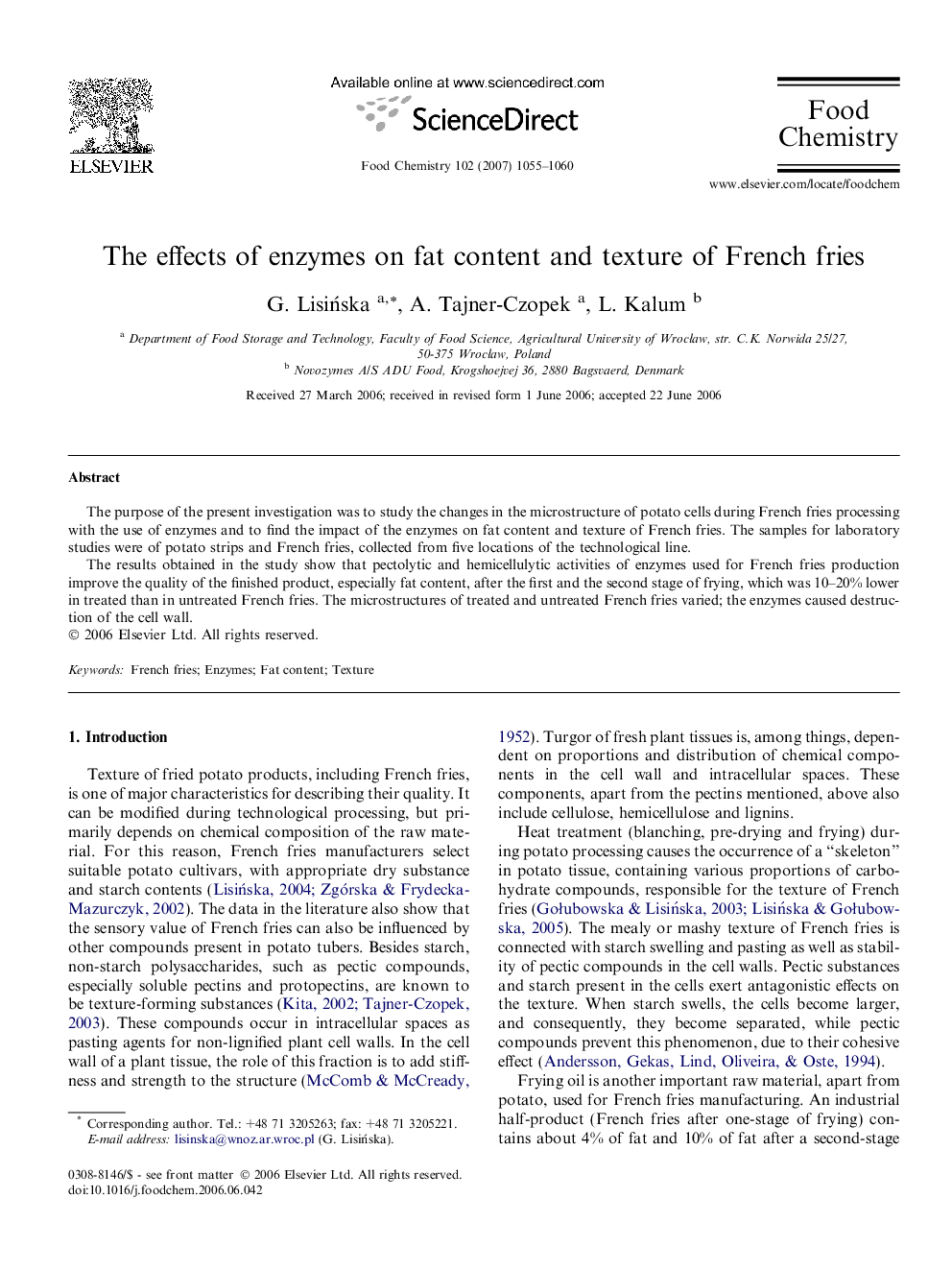 The effects of enzymes on fat content and texture of French fries