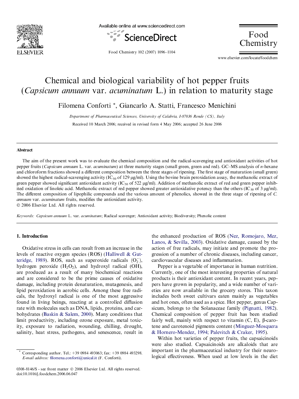 Chemical and biological variability of hot pepper fruits (Capsicum annuum var. acuminatum L.) in relation to maturity stage