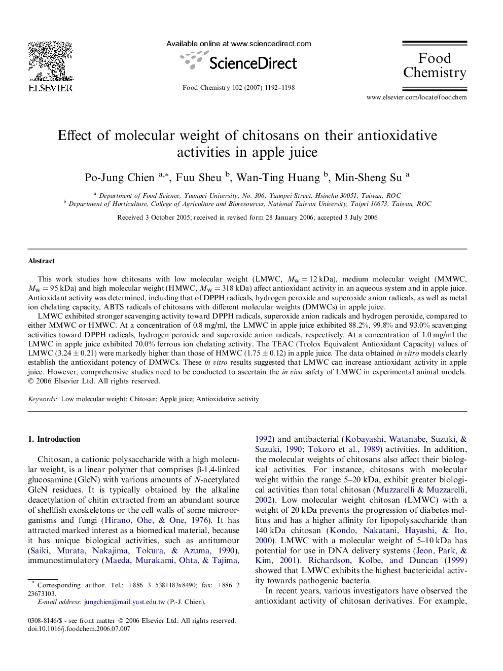 Effect of molecular weight of chitosans on their antioxidative activities in apple juice