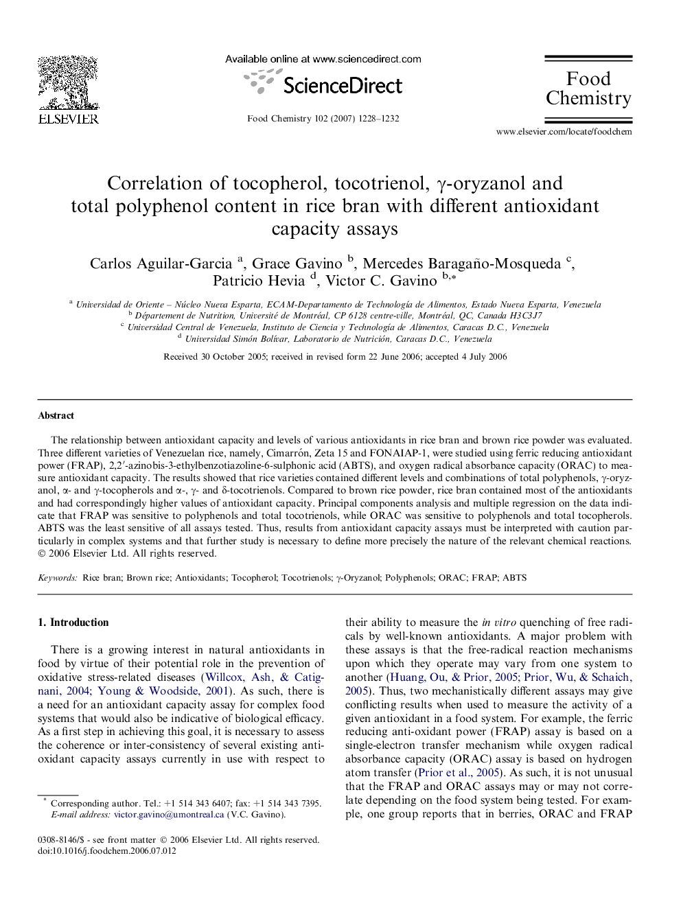 Correlation of tocopherol, tocotrienol, γ-oryzanol and total polyphenol content in rice bran with different antioxidant capacity assays